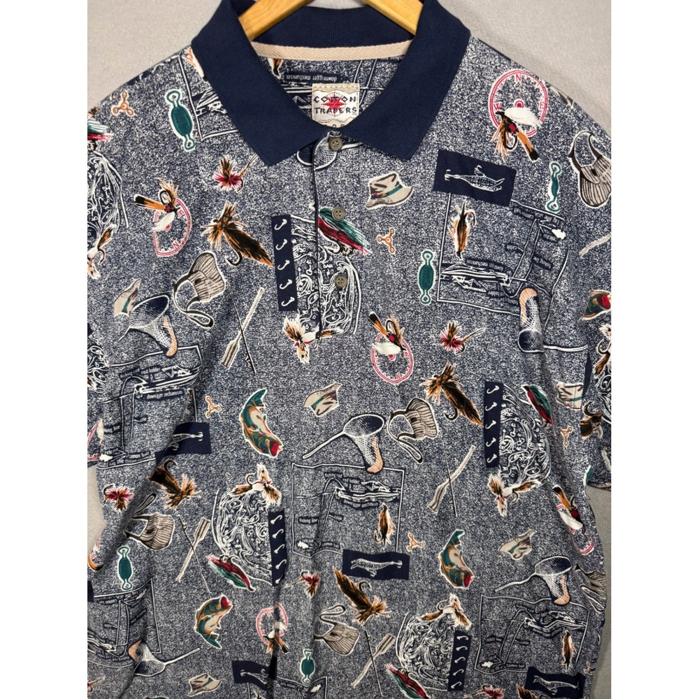 VTG Cotton Traders Sport Mens 1X Fly Fishing Graphic All Over Print Polo Shirt